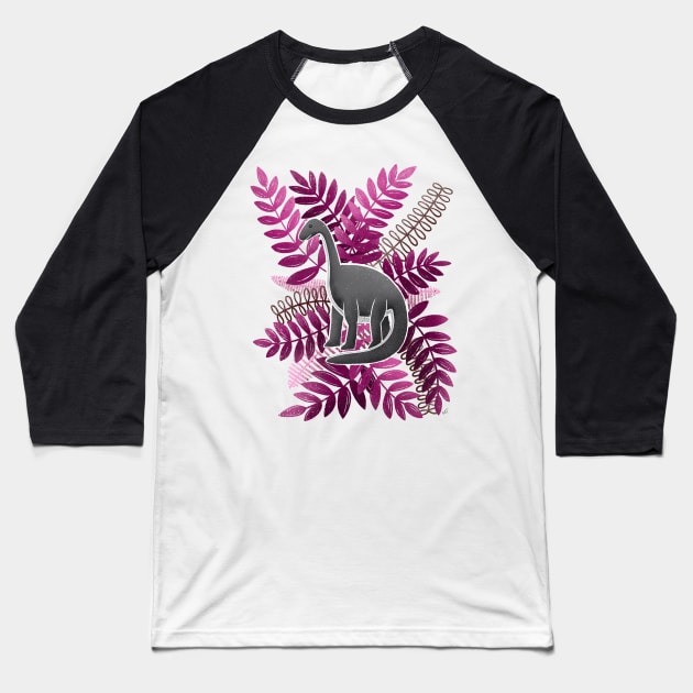 Dinosaur & Leaves - Pink Baseball T-Shirt by monitdesign